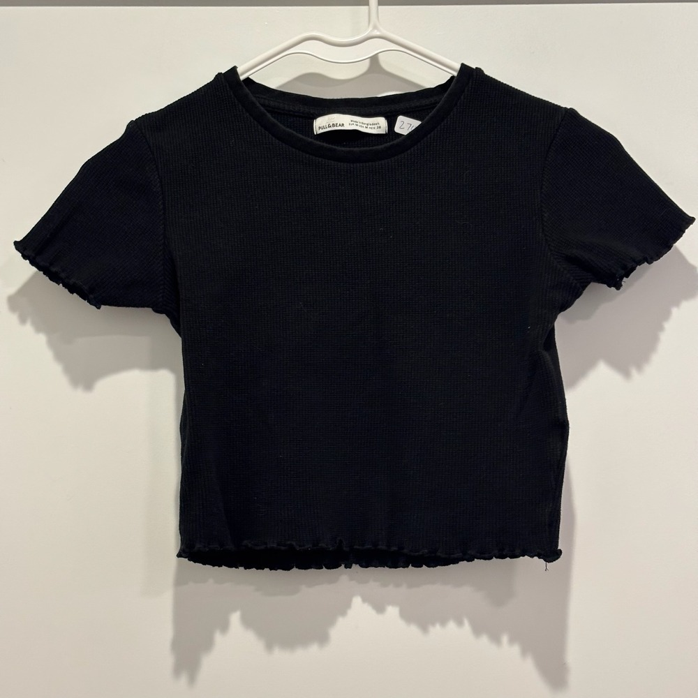 Pull&Bear Womens Black Waffle Knit Lettuce Edge Cropā Top Short Sleeve Size M
